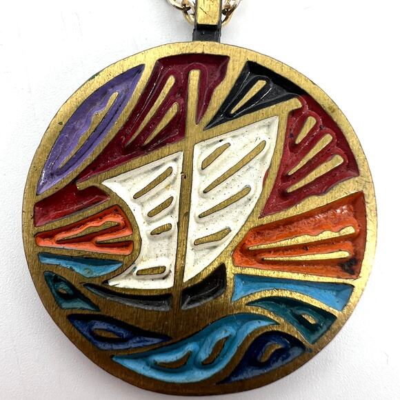 Vintage 1970 Enamel Medallion Terra Sancta Guild Israel Pendant 13" - Picture 2 of 7